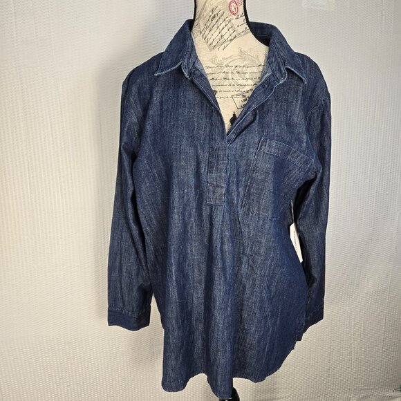 Liz Claiborne Women's Size L Long Sleeve Button Up V-Neck Denim Tunic Top NWT - Picture 2 of 11